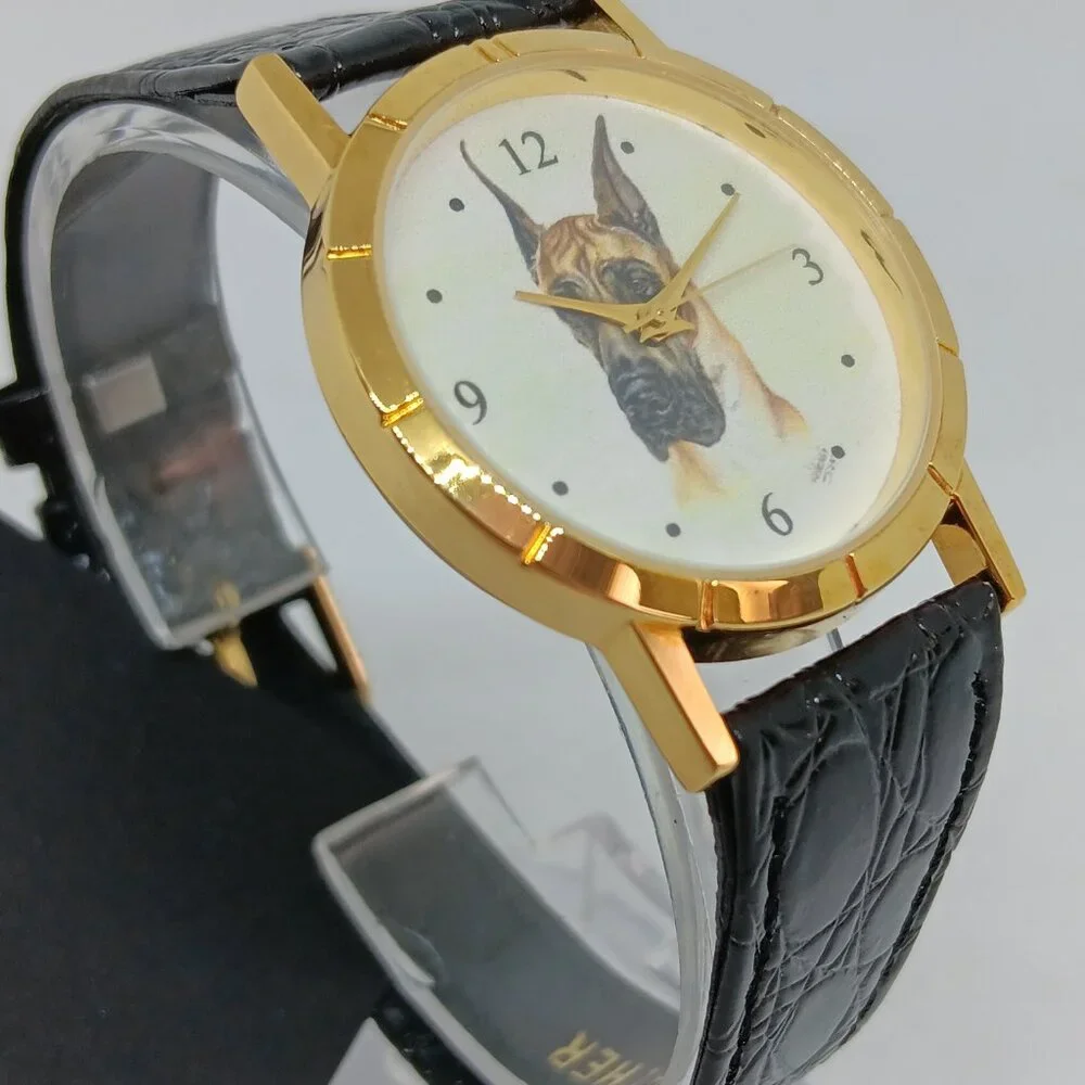 Great Dane 33mm Women's Gold Tone Black Leather Band Dog Watch